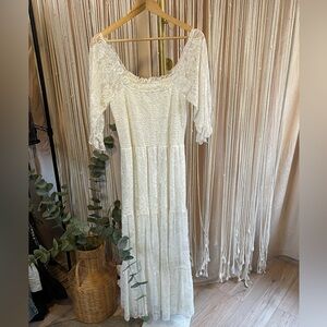 White Lace Boho Maxi Dress smocked bodice
